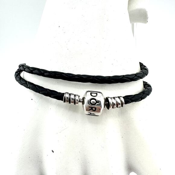 Pandora 925 Sterling Silver Black Braided Leather Wrap Charm 15” Bracelet - Picture 1 of 8